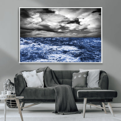 36012-MGV-CV-36X24-Dramatic Stormy Ocean Waves Black and White with Deep Blue Highlights – Moody Seascape Wall Art, Nature Photography Print for Home