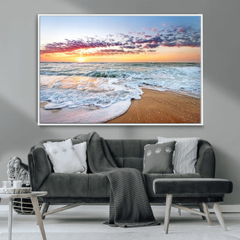 39560-MGV-FC-36X24_White-Sunrise Beach Wall Art – Vibrant Ocean Waves and Golden Sand Canvas Print, Seaside Coastal Decor for Living Room, Bedroom or