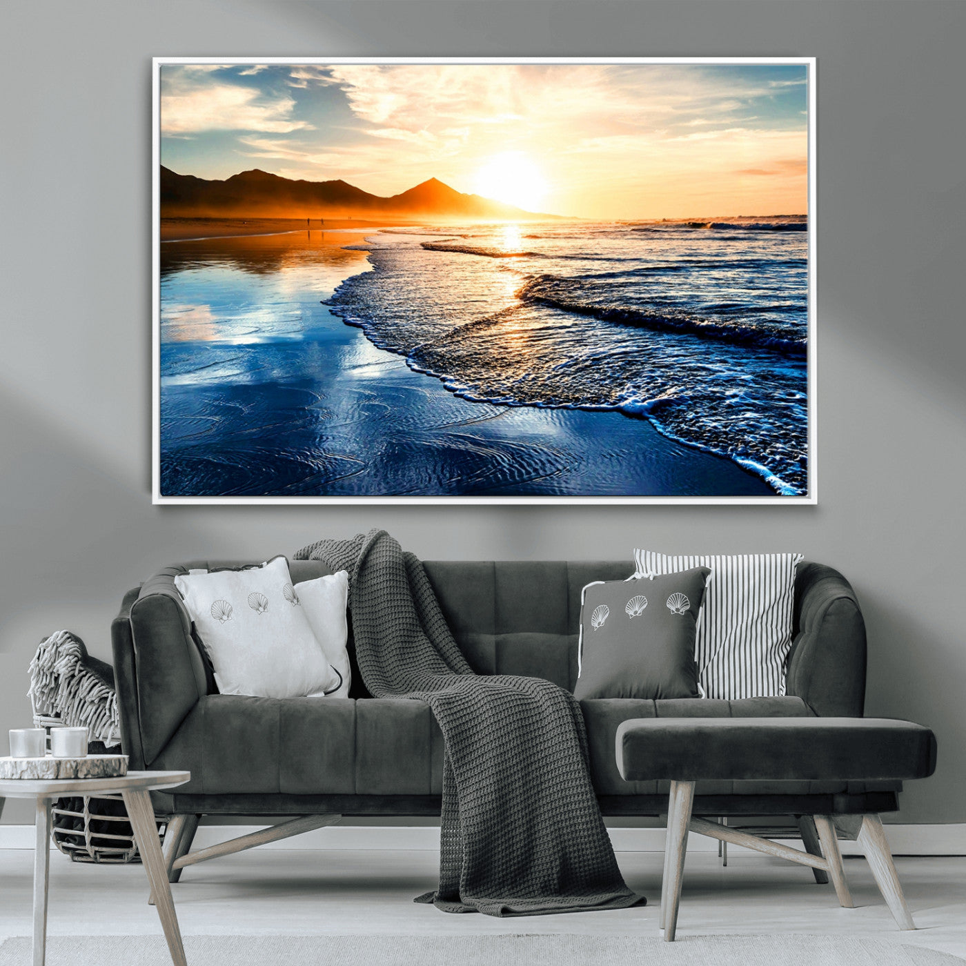 86173-MGV-CV-36X24-Golden Sunset Beach Wall Art – Reflective Ocean Canvas Print with Mountains and Waves, Coastal Nature Decor for Living Room,