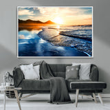 86173-MGV-CV-36X24-Golden Sunset Beach Wall Art – Reflective Ocean Canvas Print with Mountains and Waves, Coastal Nature Decor for Living Room,
