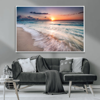 71849-MGV-CV-36X24-Sunrise Ocean Beach Wall Art – Serene Seascape Canvas Print with Gentle Waves, Coastal Nature Decor for Bedroom, Living Room or