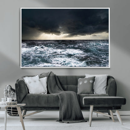 42607-MGV-CV-36X24-Stormy Ocean Wall Art – Dramatic Sea and Sky Canvas Print with Sun Rays, Moody Nature Decor for Living Room, Office, Bedroom or