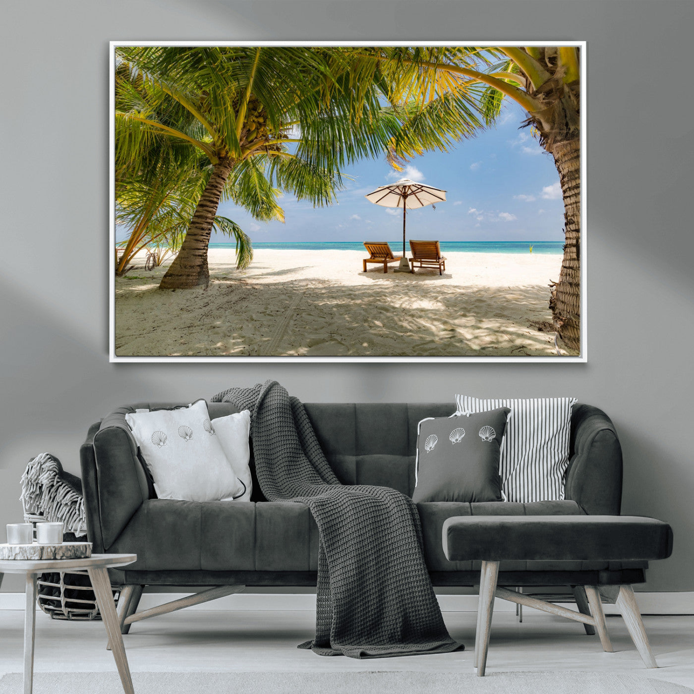 83601-MGV-CV-36X24-Tropical Beach Wall Art – Serene Palm Trees and Lounge Chairs Canvas Print, Relaxing Coastal Decor for Living Room, Bedroom or