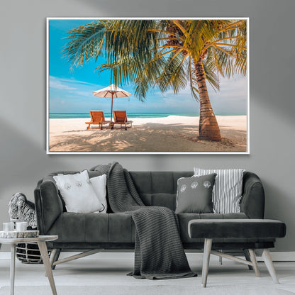 69754-MGV-CV-36X24-Tropical Beach Wall Art – Relaxing Palm Tree and Lounge Chairs Canvas Print, Serene Coastal Decor for Living Room, Bedroom, Office