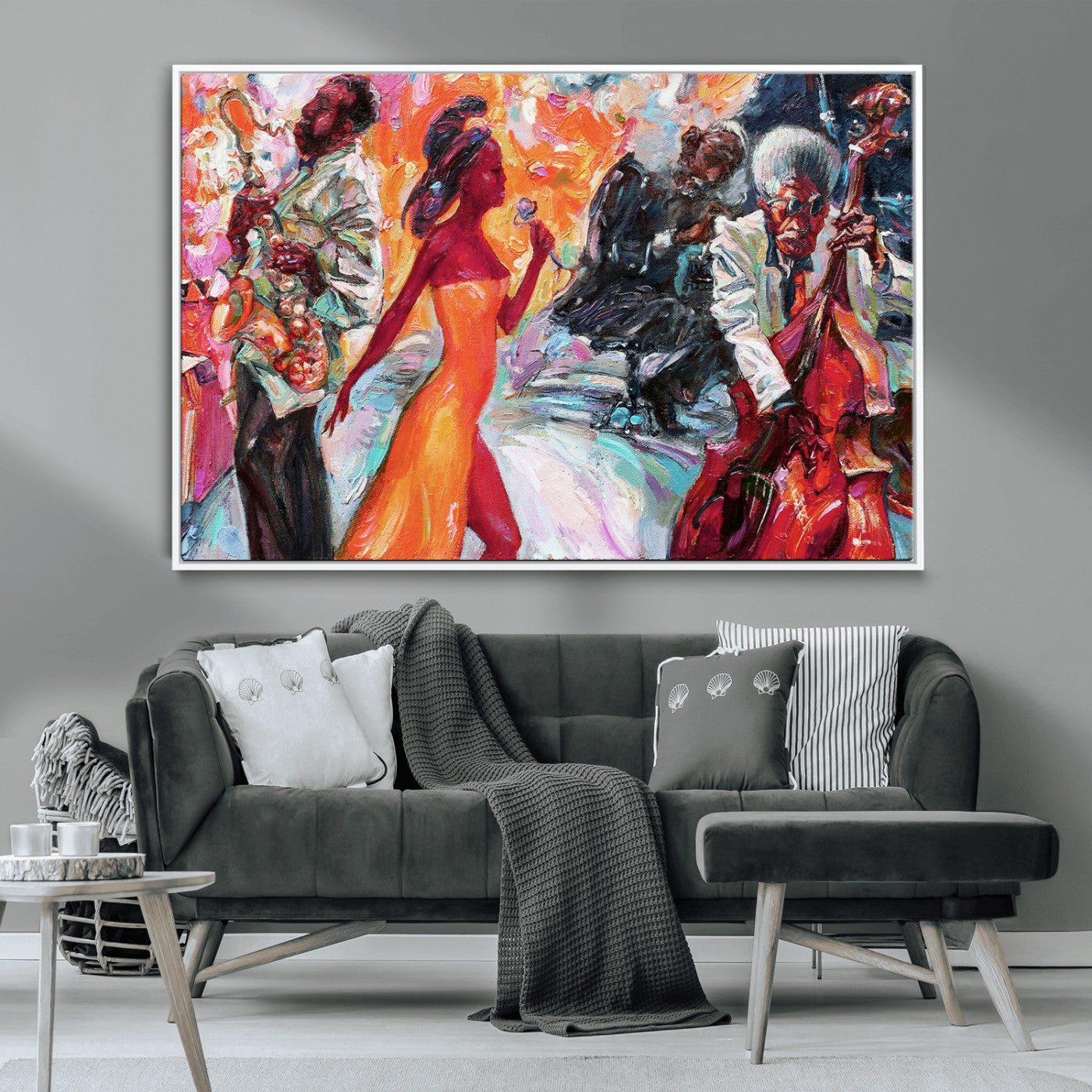 24452-MGV-CV-36X24-Vibrant Jazz Musician Painting - Expressive Art Print of Live Jazz Band, Perfect Wall Decor for Music Lovers and Art Enthusiasts