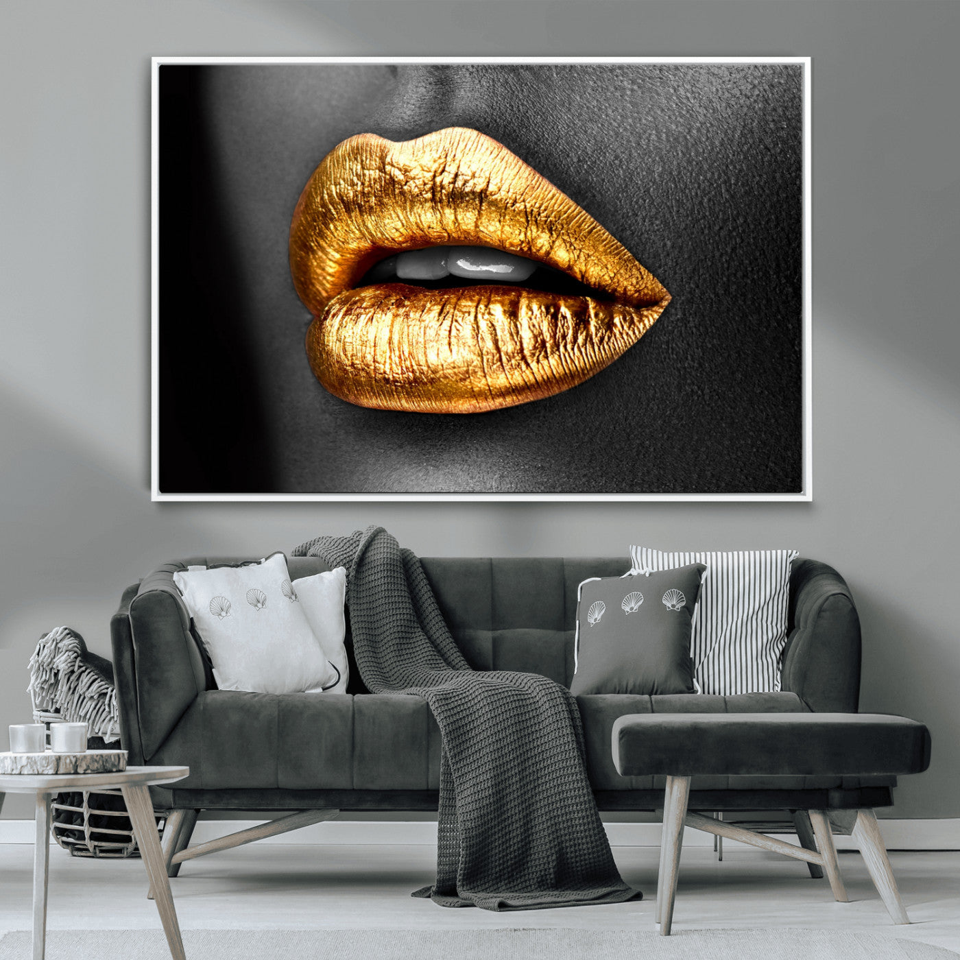 84747-MGV-CV-36X24-Golden Lips Black & White Portrait – Glamorous Metallic Lip Art Print, Modern Wall Decor for Bedroom, Beauty & Fashion Lover Gift