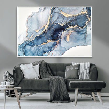 33782-MGV-CV-36X24-Abstract Marble Wall Art – Blue & Gold Fluid Painting Canvas Print, Modern Home Decor for Living Room, Bedroom or Office