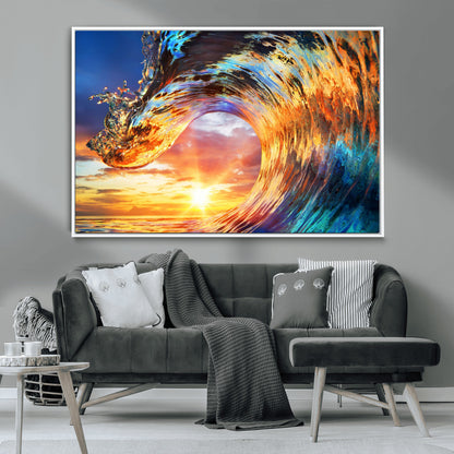 52890-MGV-CV-36X24-Surfing Wave Wall Art Canvas Print, Framed Sunset Ocean Art Picture Print, Ocean Wave Perfect Nautical Decor Artwork