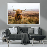 79391-MGV-CV-36X24-Majestic Highland Cow in Misty Scottish Moorland – Rustic Natural Charm, Perfect for Unique Home or Office Decor