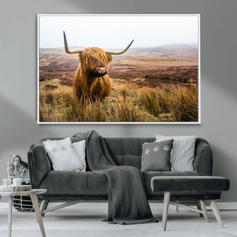 79391-MGV-CV-36X24-Majestic Highland Cow in Misty Scottish Moorland – Rustic Natural Charm, Perfect for Unique Home or Office Decor