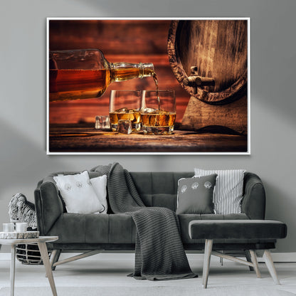 21266-MGV-CV-36X24-Pouring Whiskey into Glasses with Ice – Rustic Wooden Barrel Background, Warm Ambient Lighting, Ideal Decor for Home or Office