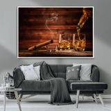 41139-MGV-CV-36X24-Whiskey and Cigar Still Life – Glasses with Ice and Pouring Amber Drink on Wooden Table with Smoke, Elegant Bar or Lounge Wall