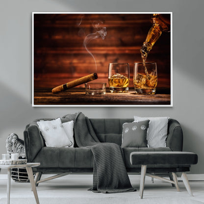 41139-MGV-CV-36X24-Whiskey and Cigar Still Life – Glasses with Ice and Pouring Amber Drink on Wooden Table with Smoke, Elegant Bar or Lounge Wall