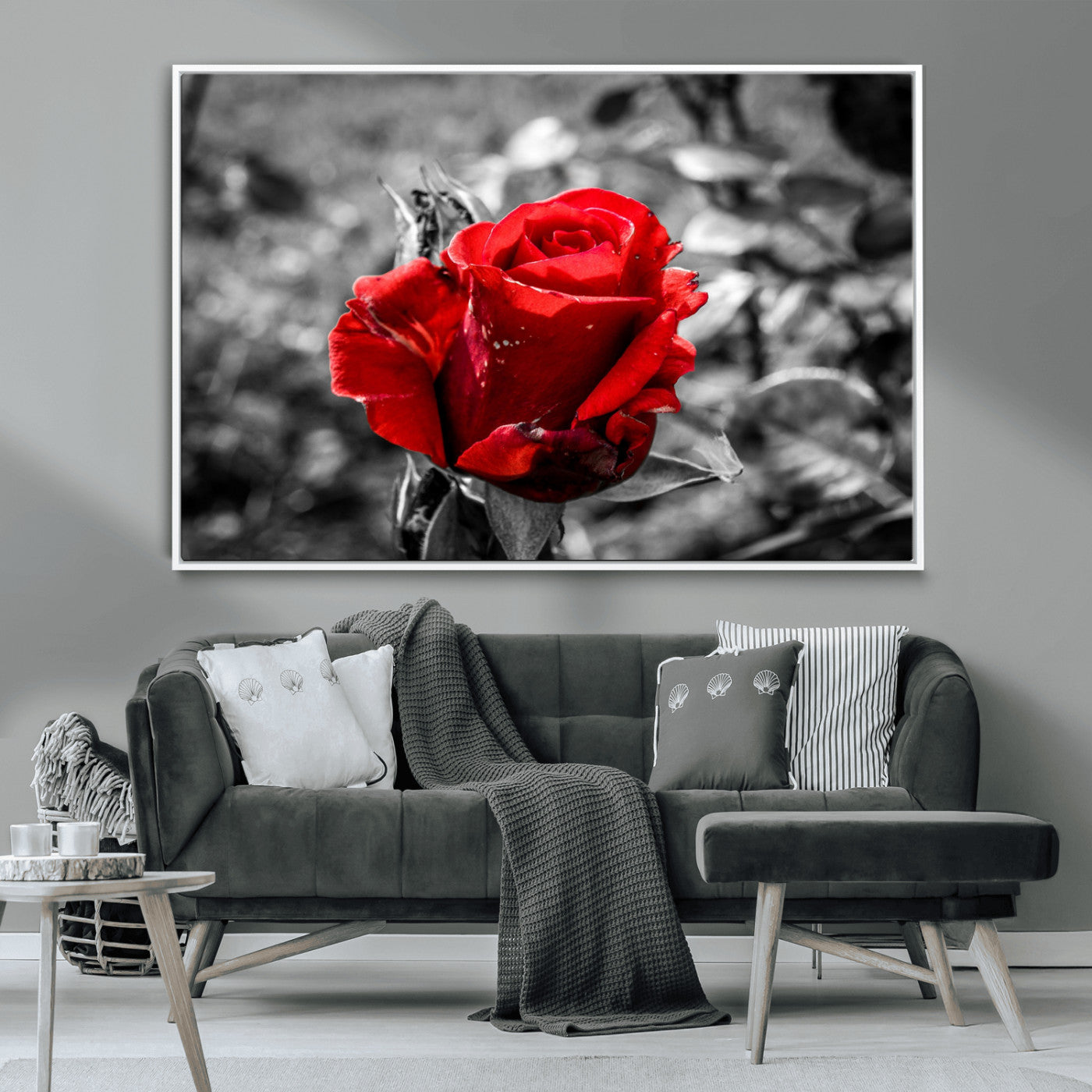 84671-MGV-CV-36X24-Red Rose Wall Art – Vibrant Single Bloom Canvas Print with Black and White Background, Elegant Floral Decor for Living Room,