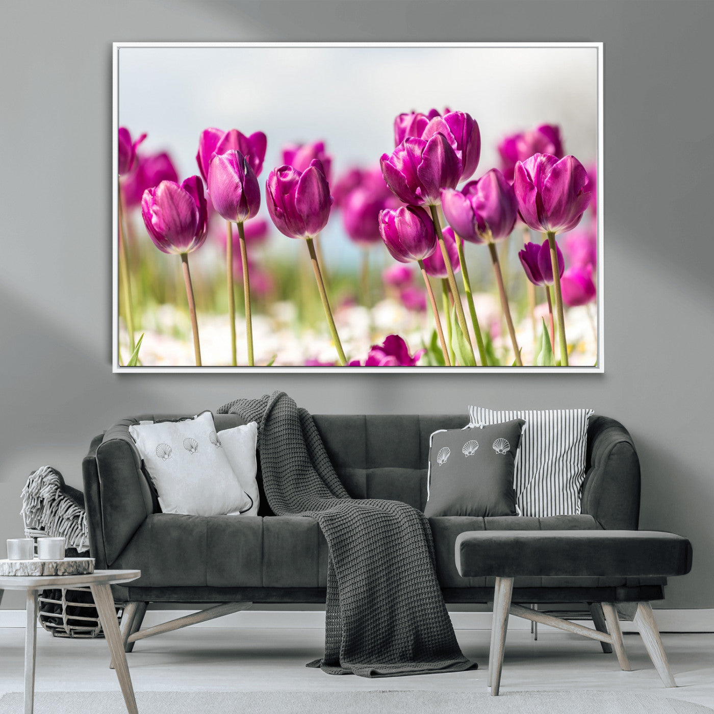 30632-MGV-CV-36X24-Purple Tulip Field Wall Art – Beautiful Spring Flowers Canvas Print with Soft Focus and Bright Sky, Ideal Floral Decor for Home or