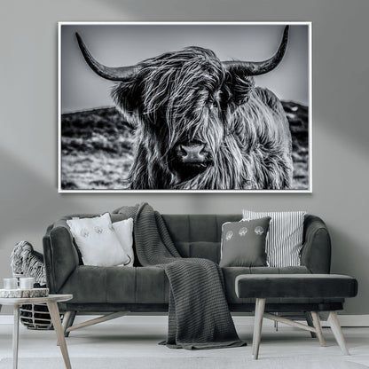 97372-MGV-CV-36X24-Elegant Highland Cow Wall Art – Black and White Canvas Print, Rustic Nature Decor for Home, Office, Living Room or Man Cave