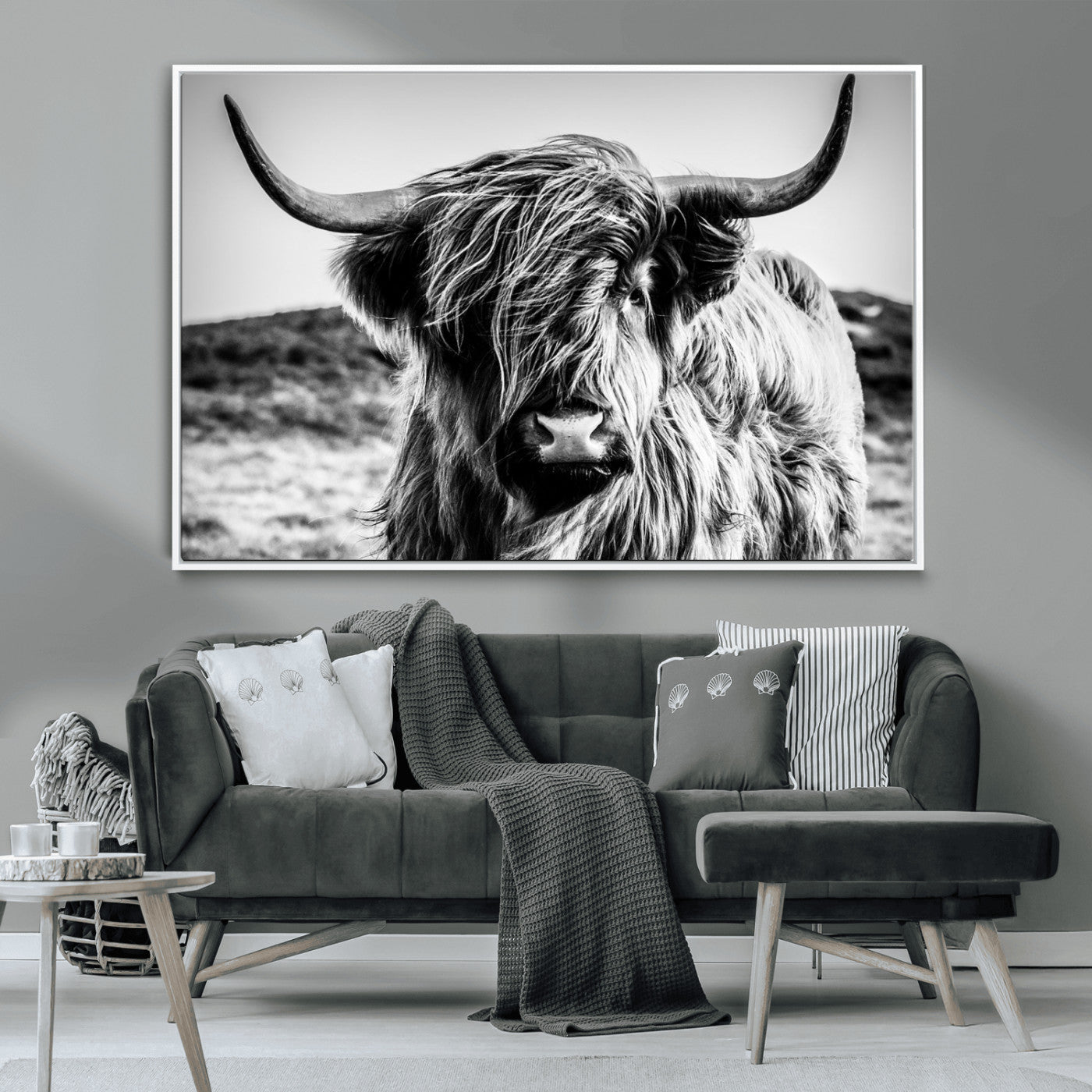 36979-MGV-CV-36X24-Striking black-and-white portrait of a Highland cow with flowing fur and majestic horns, perfect for rustic and elegant home or