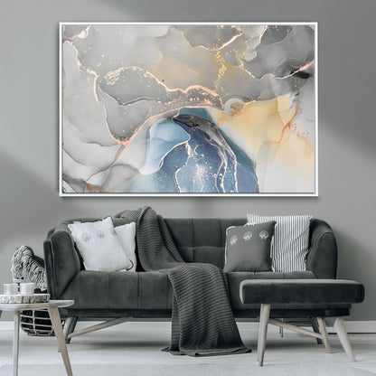 63211-MGV-CV-36X24-Abstract Fluid Art Wall Decor – Blue, Gray & Gold Canvas Print, Modern Home and Office Wall Art Decor for Living Room, Bedroom or