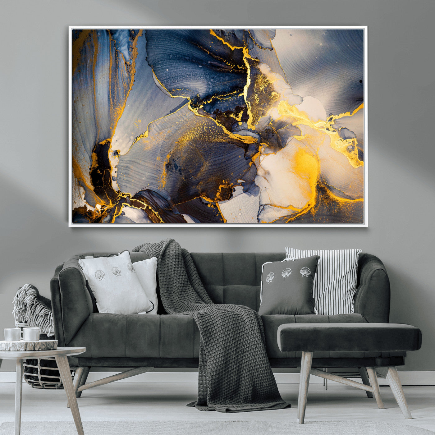 42100-MGV-CV-36X24-Golden Flow Abstract Wall Art – Panoramic Modern Blue and Gold Canvas Print, Contemporary Artistic Decor for Home, Office