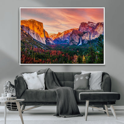 24519-MGV-CV-36X24-Yosemite Valley Sunset Wall Art – Majestic Mountain Landscape with Waterfall and Vibrant Sky, Nature Photography for Home or
