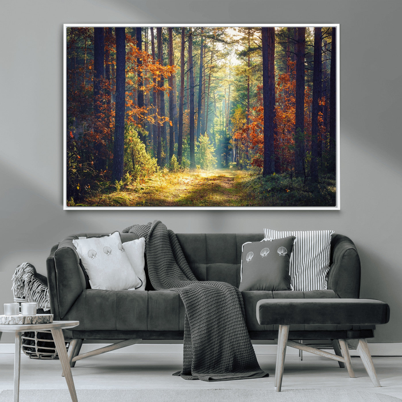 86249-MGV-CV-36X24-Sunlit Autumn Forest Path Wall Art – Peaceful Nature Scene with Fall Foliage, Calming Woods Decor for Home or Office