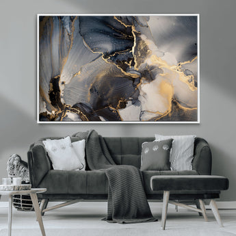 24068-MGV-CV-36X24-Luxury Abstract Wall Art – Gold & Gray Fluid Ink Painting Canvas, Modern Metallic Home Decor, Elegant Office or Living Room Accent