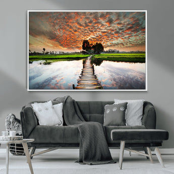 29105-MGV-CV-36X24-Rustic Wooden Bridge Wall Art – Scenic Sunset Over Rice Fields and Reflective Water Canvas Print, Nature Landscape Decor for
