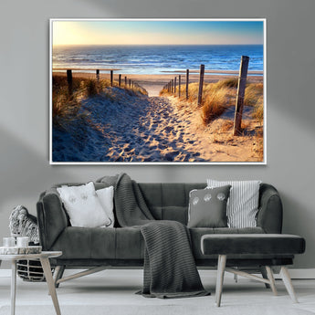 31889-MGV-CV-36X24-Sandy Beach Pathway Wall Art – Coastal Dune Fence and Ocean View Canvas Print, Relaxing Seaside Landscape Decor for Living Room or