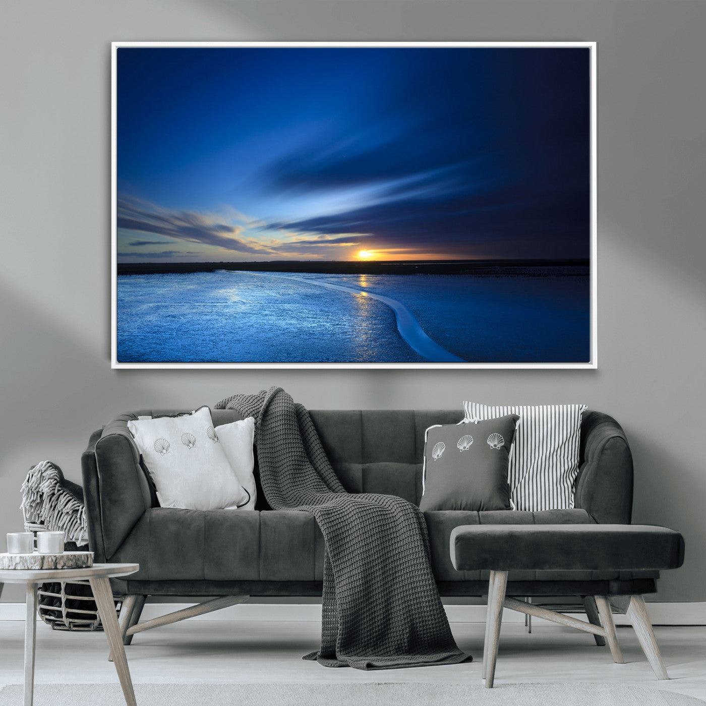 65405-MGV-CV-36X24-Blue Sunrise Seascape Wall Art – Tranquil Ocean Horizon Canvas Print with Golden Sunlight and Deep Sky, Coastal Landscape Decor