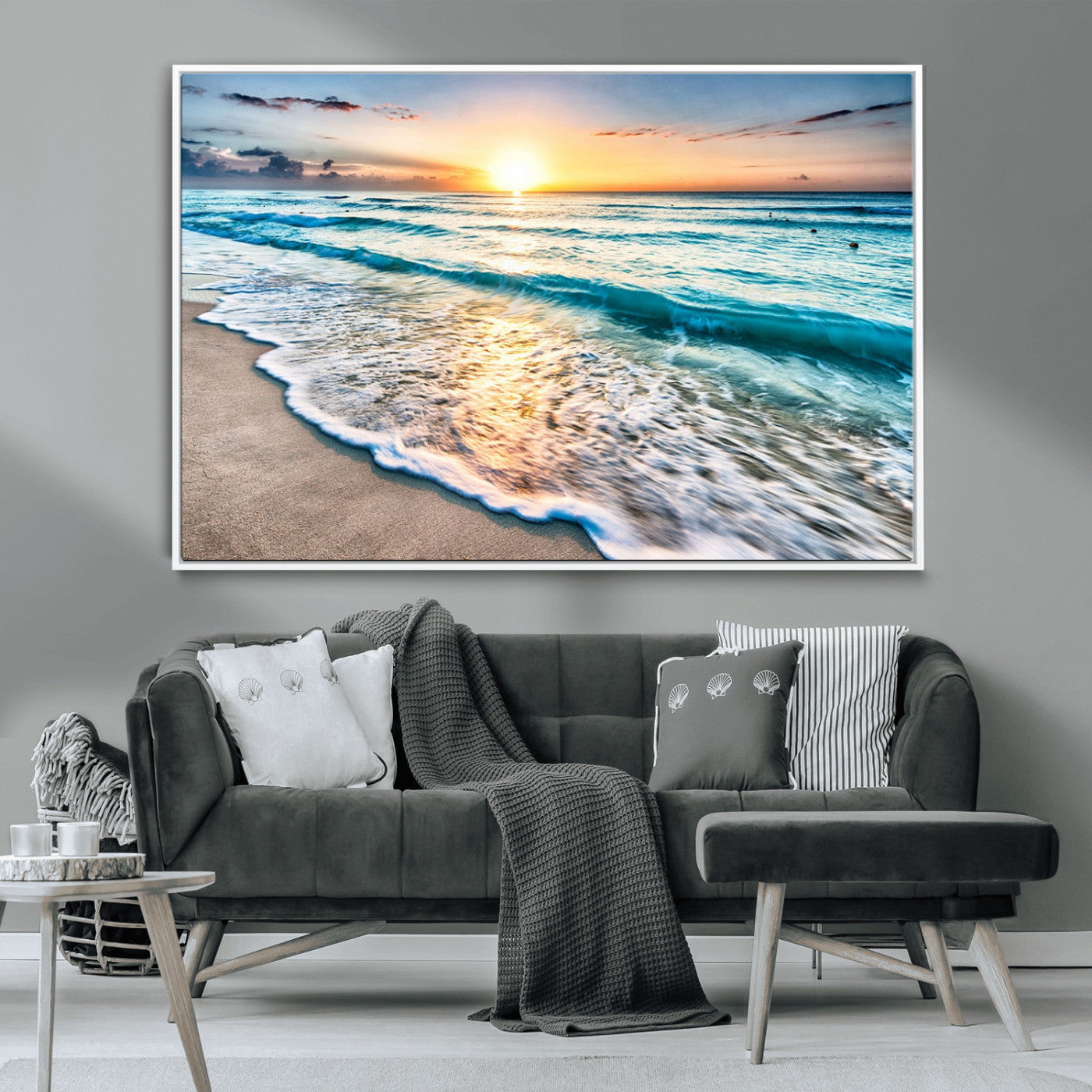 27815-MGV-CV-36X24-Ocean Sunrise Beach Wall Art – Serene Coastal Canvas Print with Waves and Golden Morning Light, Relaxing Seascape Decor for