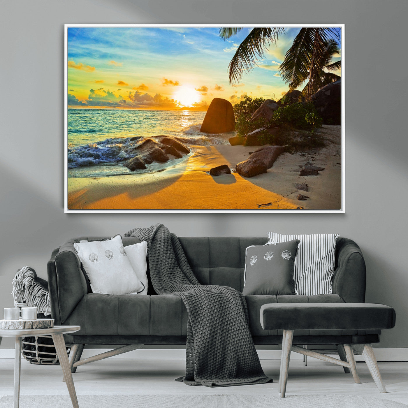 26181-MGV-CV-36X24-Golden Tropical Sunset Beach Wall Art – Ocean Canvas Print with Palm Trees and Rocks, Coastal Paradise Decor for Living Room or