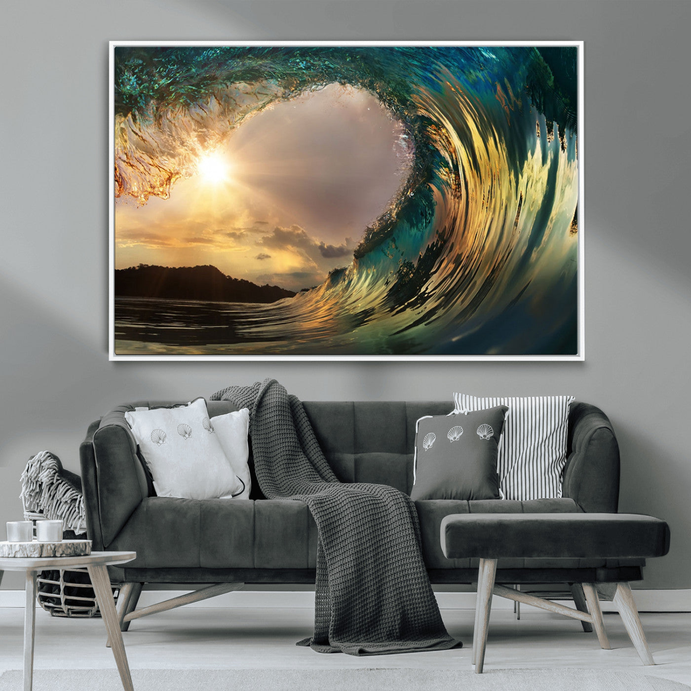 38256-MGV-CV-36X24-Ocean Wave Wall Art – Stunning Sunrise Through Curling Wave Canvas Print, Coastal Surf Photography Seascape Decor for Living Room,