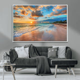 41572-MGV-CV-36X24-Sunset Beach Wall Art – Ocean Waves and Palm Trees Canvas Print, Tropical Coastal Sunset Seascape Decor for Living Room, Bedroom