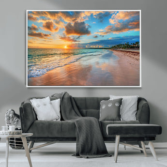 41572-MGV-CV-36X24-Sunset Beach Wall Art – Ocean Waves and Palm Trees Canvas Print, Tropical Coastal Sunset Seascape Decor for Living Room, Bedroom