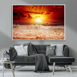 60211-MGV-CV-36X24-Fiery Sunset Ocean Wall Art – Red Sky Seascape Canvas Print with Waves, Bold Coastal Sunset Decor for Living Room or Bedroom