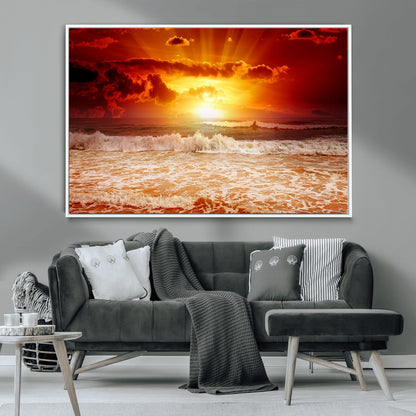 60211-MGV-CV-36X24-Fiery Sunset Ocean Wall Art – Red Sky Seascape Canvas Print with Waves, Bold Coastal Sunset Decor for Living Room or Bedroom