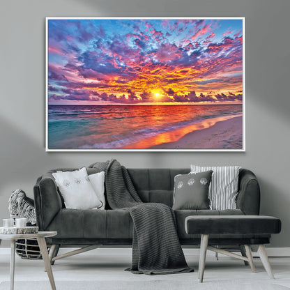 72836-MGV-CV-36X24-Fiery Sunset Beach Wall Art – Panoramic Vibrant Ocean Canvas Print, Dramatic Coastal Decor for Living Room, Bedroom or Office
