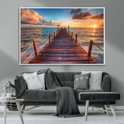 28836-MGV-CV-36X24-Ocean Pier Sunset Wall Art – Wooden Dock and Golden Horizon Canvas Print, Coastal Seascape Photography for Living Room, Bedroom,