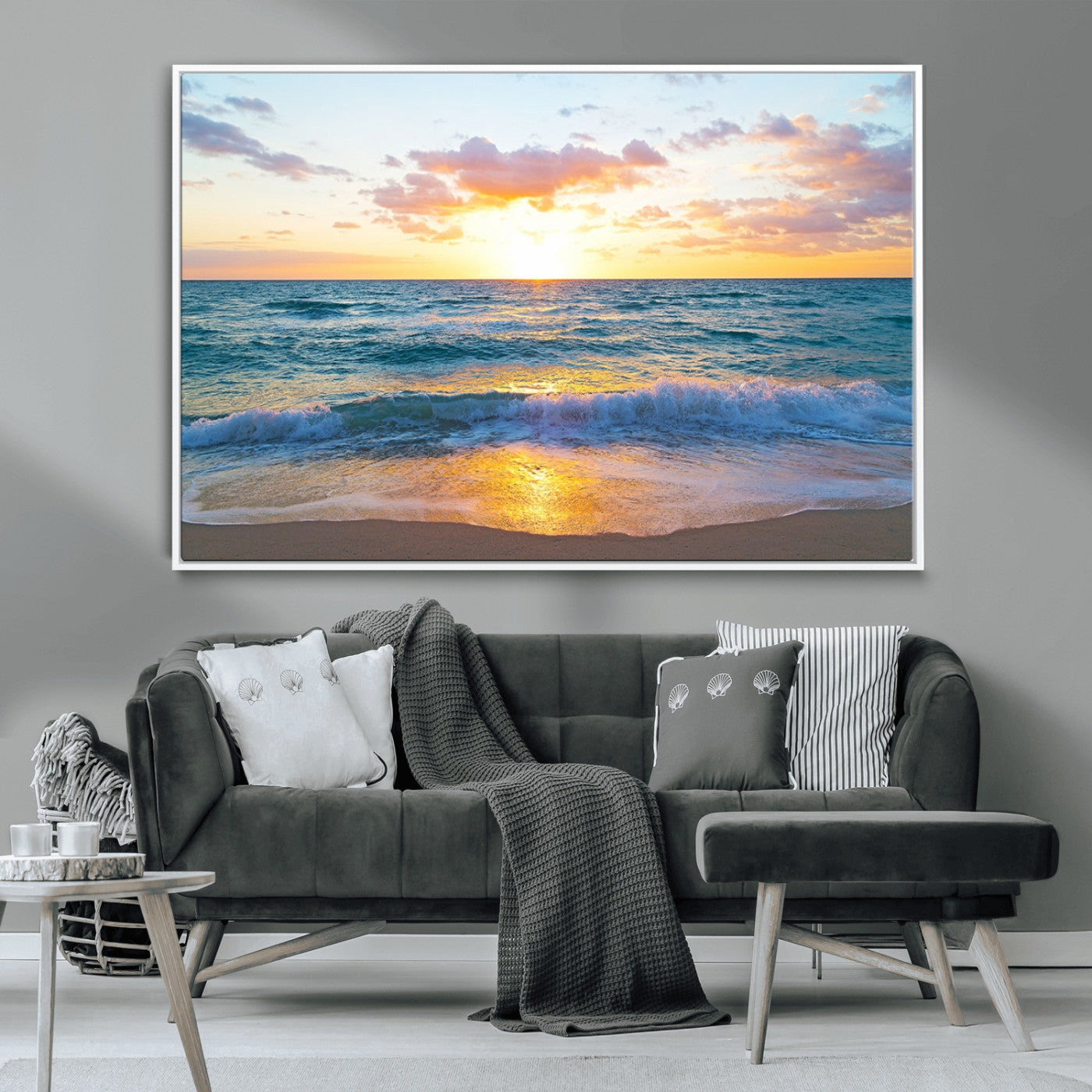 78006-MGV-CV-36X24-Golden Sunrise Ocean Wall Art – Panoramic Beach Waves Canvas Print, Coastal Seascape Artwork for Living Room, Bedroom, Office, or