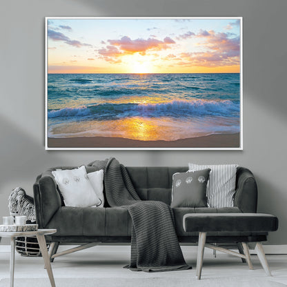 78006-MGV-CV-36X24-Golden Sunrise Ocean Wall Art – Panoramic Beach Waves Canvas Print, Coastal Seascape Artwork for Living Room, Bedroom, Office, or