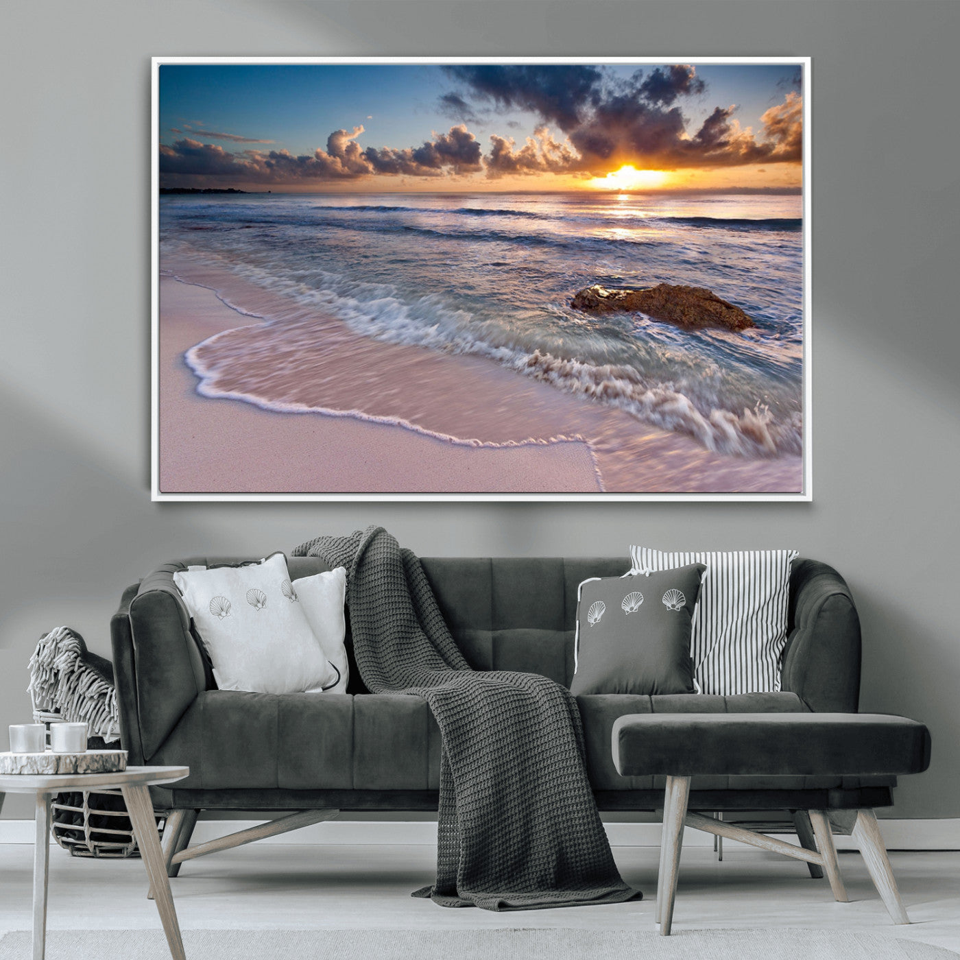94906-MGV-CV-36X24-Sunrise Beach Wall Art – Panoramic Ocean Waves Canvas Print, Coastal Sunset Seascape Artwork for Living Room, Bedroom, or Office