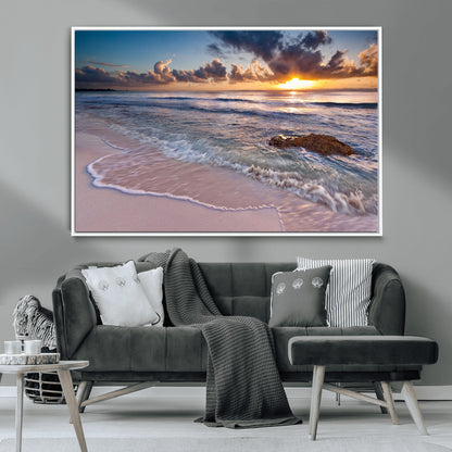 94906-MGV-CV-36X24-Sunrise Beach Wall Art – Panoramic Ocean Waves Canvas Print, Coastal Sunset Seascape Artwork for Living Room, Bedroom, or Office