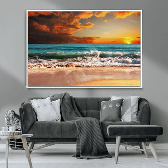 72948-MGV-CV-36X24-Ocean Sunset Wave Wall Art – Dramatic Seascape Canvas Print with Golden Sky and Crashing Waves, Coastal Beach Decor for Living