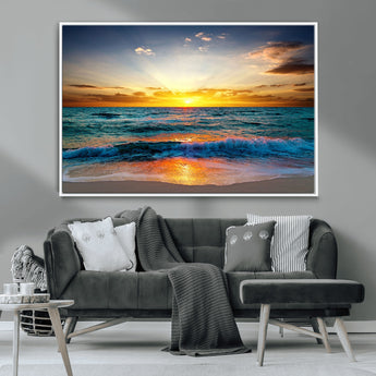 50627-MGV-CV-36X24-Ocean Sunset Wall Art – Serene Beach Canvas Print with Waves and Golden Sky, Coastal Decor for Living Room or Office