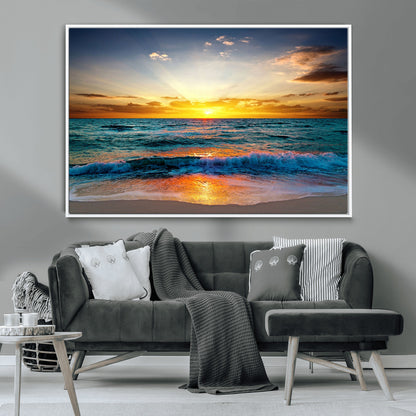 50627-MGV-CV-36X24-Ocean Sunset Wall Art – Serene Beach Canvas Print with Waves and Golden Sky, Coastal Decor for Living Room or Office