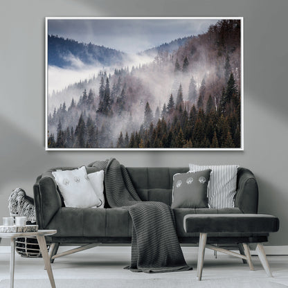 18459-MGV-CV-36X24-Misty Pine Forest Wall Art – Serene Mountain Landscape Canvas Print, Tranquil Nature Artwork for Living Room, Bedroom, Cabin or