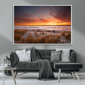 90176-MGV-CV-36X24-Beach Sunset Wall Art – Coastal Sand Dune Canvas Print with Ocean Waves and Dramatic Sky, Seaside Landscape Decor for Living Room