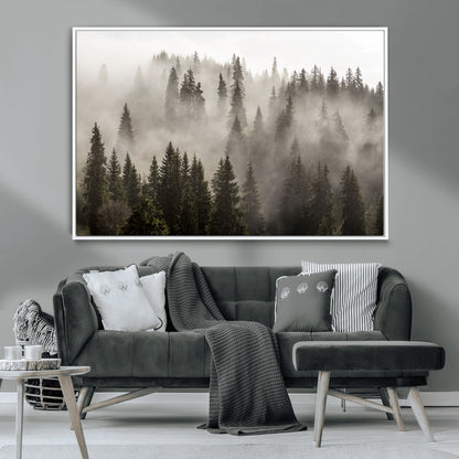 62862-MGV-CV-36X24-Misty Forest Wall Art – Tranquil Pine Tree Canvas Print with Mountain Fog, Nature Landscape Artwork for Living Room, Bedroom, or
