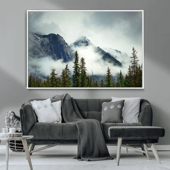 93219-MGV-CV-36X24-Misty Mountain Wall Art – Foggy Pines and Rocky Peaks Canvas Print, Nature Landscape Decor for Living Room, Office or Bedroom