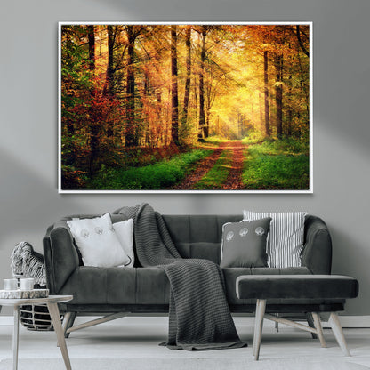 73494-MGV-CV-36X24-Golden Autumn Forest Path Wall Art – Sunlit Woodland Canvas Print, Fall Nature Landscape Home Decor